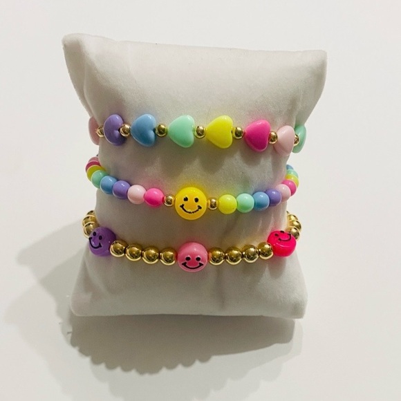 Handmade Jewelry - Pastel Smiley & Heart Beaded Bracelet Set – 3 Pack